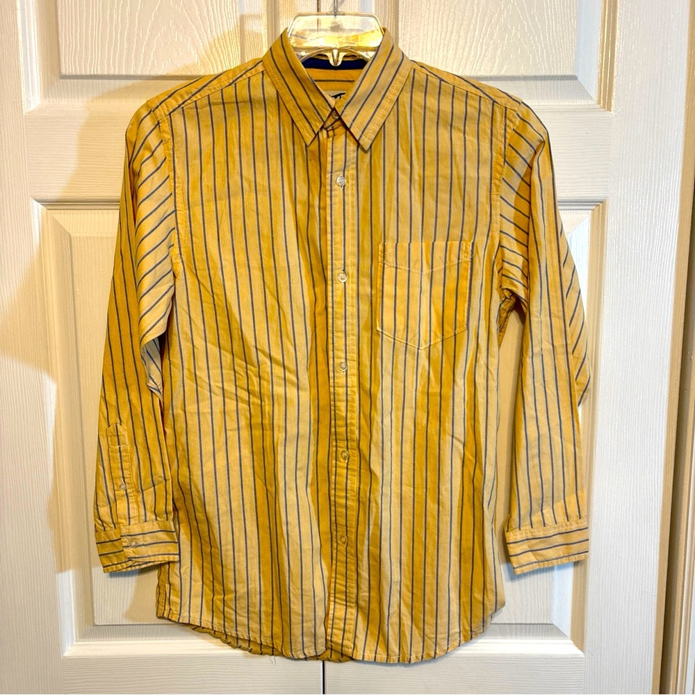 OTB On The Brink  Mens Large Button Up Shirt Yellow Blue Pin Striped Casual